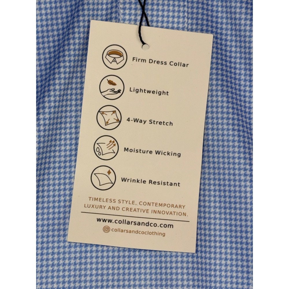 Collars & Co Mens Large Dress Collar Polo Shirt Blue Houndstooth Stretch NWT - Picture 5 of 6